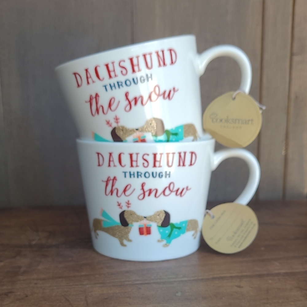 NWT Cooksmart Coffee Mugs Dachshund Through the Snow Fine China Teacup Set
